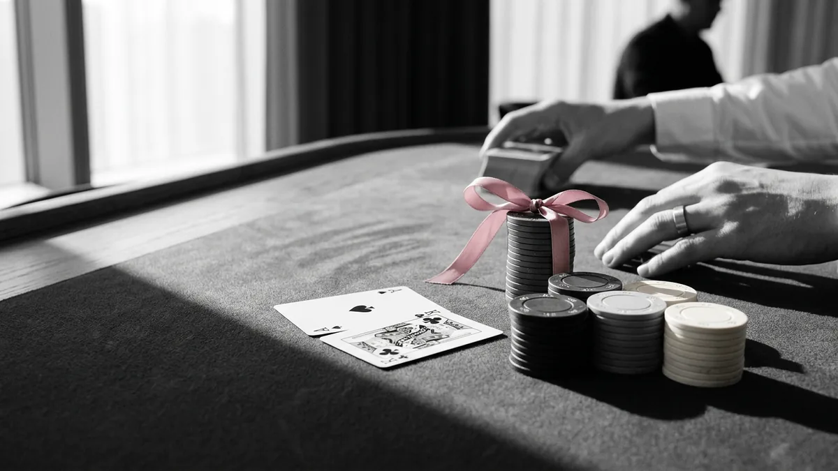 Blackjackhand med ess och kung på grönt filtbord bredvid högar av casinomarker