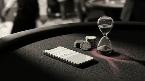 Mobiltelefon på ett mörkt spelbord bredvid en liten hög spelmarker och ett timglas