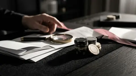 Utskrivna kontoutdrag och ett förstoringsglas bredvid en hög spelmarker på ett mörkt skrivbord