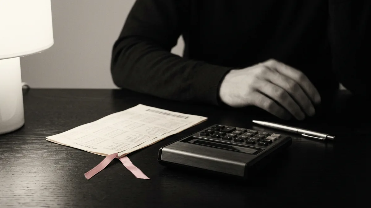 Spelkupong bredvid en miniräknare och en penna på ett mörkt skrivbord i lampljus