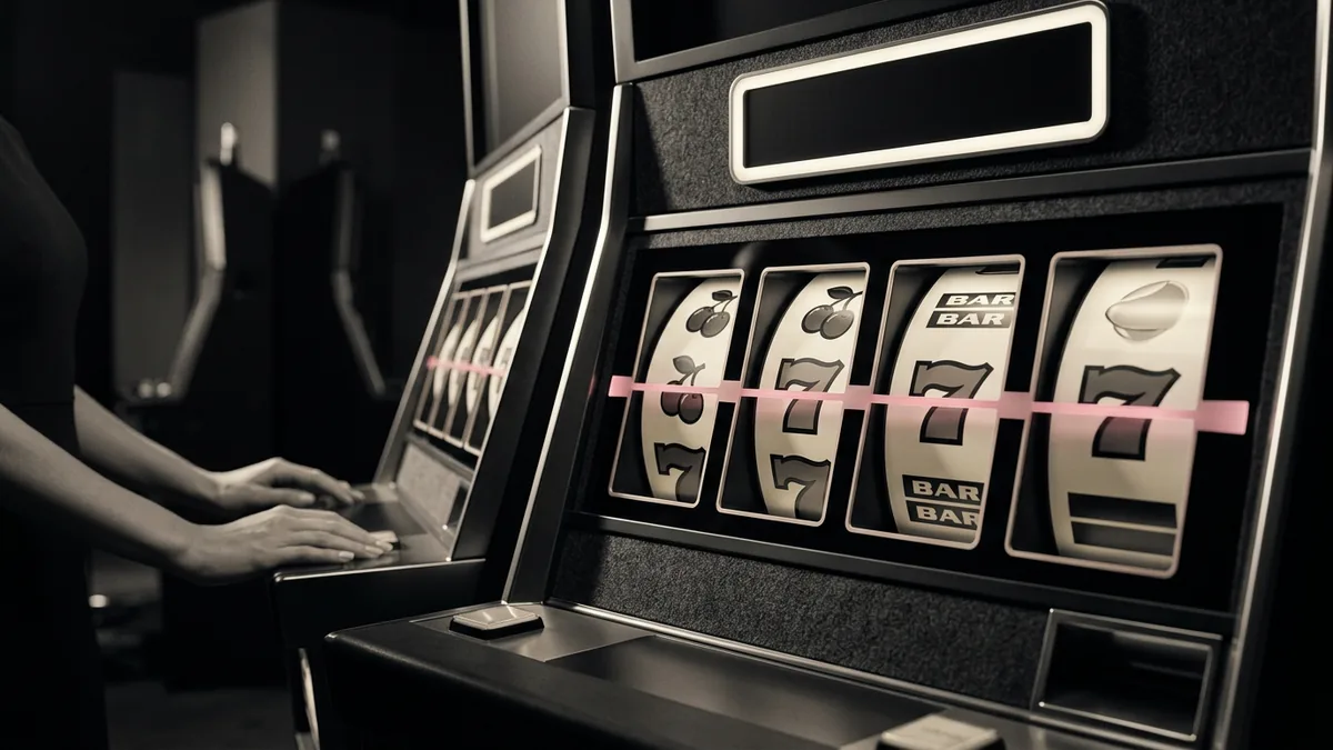 Upplysta spelautomathjul i en mörk casinomiljö med en lysande jackpottpanel ovanför
