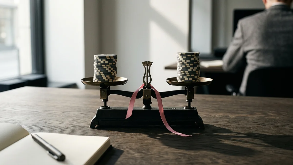 En våg på ett skrivbord med staplar av casinomarker i båda vågskålarna