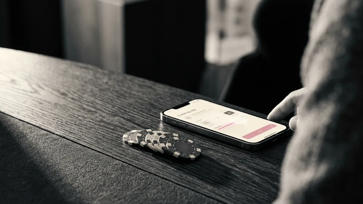 Mobiltelefon med en bankapp bredvid en hög casinomarker på ett mörkt träbord